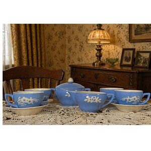 VTG Harker Blue Dainty Flower Cameoware 11pc Teacups Saucers Creamer Sugar Bowl